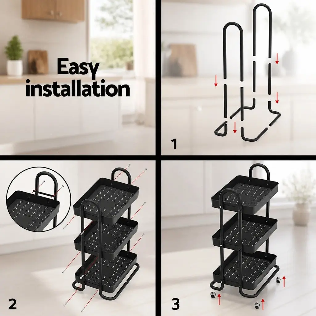 Storage Trolley Black 3 Tier Kitchen Cart Rack Shelf Organiser Steel Frame
