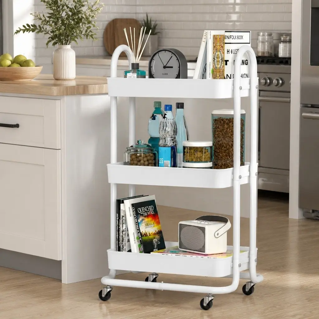Storage Trolley Kitchen Cart 3 Tier Yellow Steel Rolling Wheels
