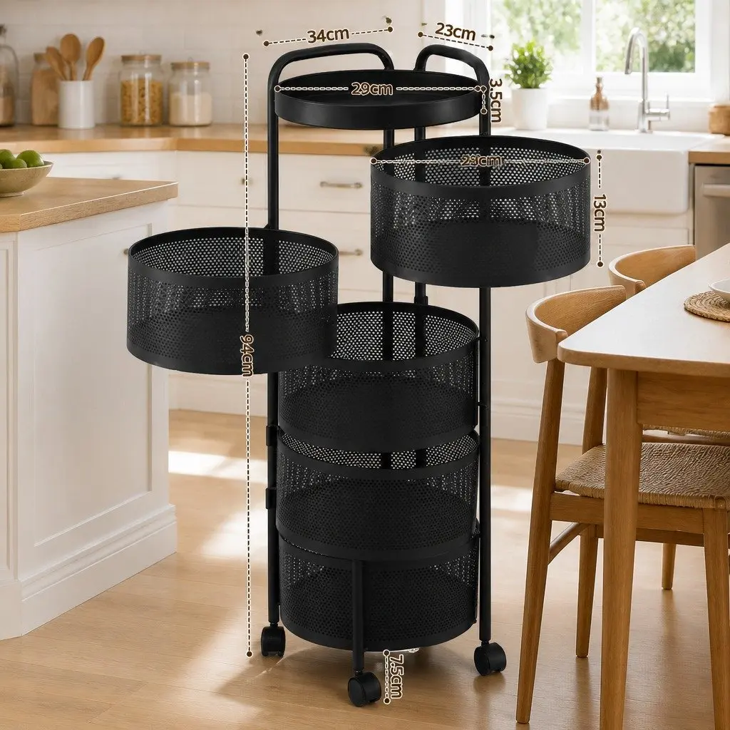5-Tier Storage Trolley Rolling Utility Rack Black Iron