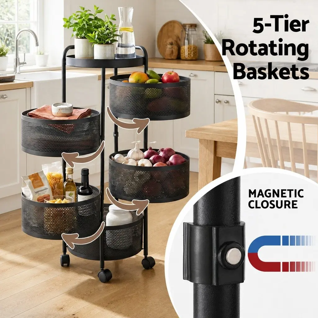 5-Tier Storage Trolley Rolling Utility Rack Black Iron