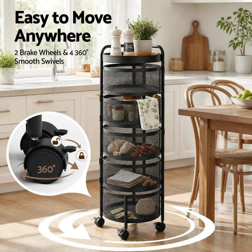 5-Tier Storage Trolley Rolling Utility Rack Black Iron