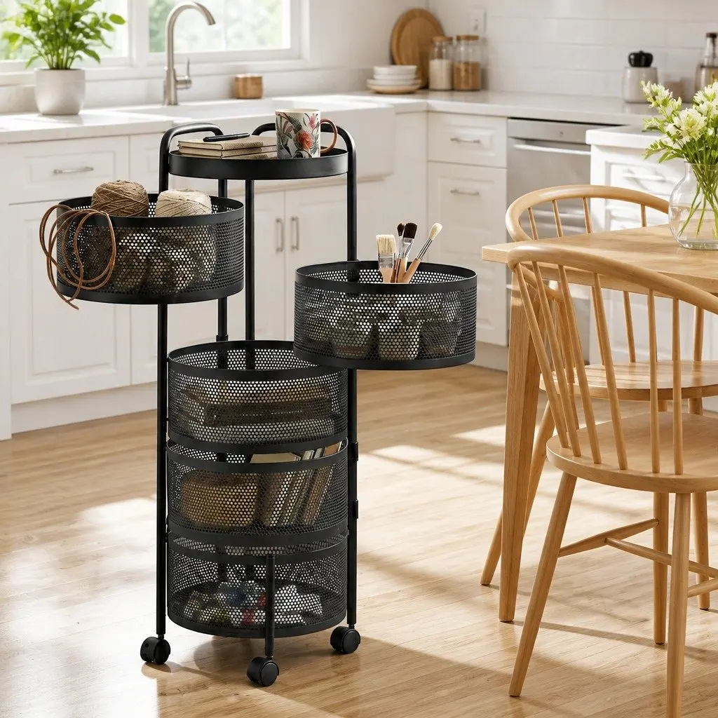 5-Tier Storage Trolley Rolling Utility Rack Black Iron