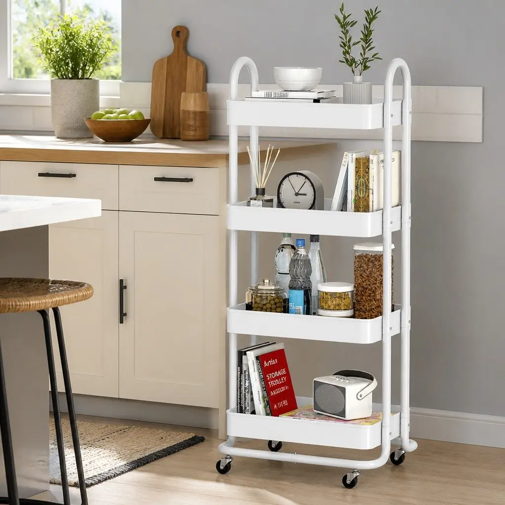 4-Tier White Rolling Kitchen Storage Trolley