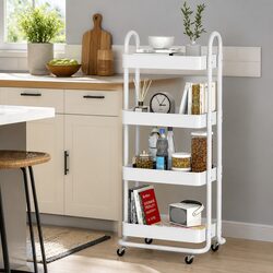 4-Tier White Rolling Kitchen Storage Trolley