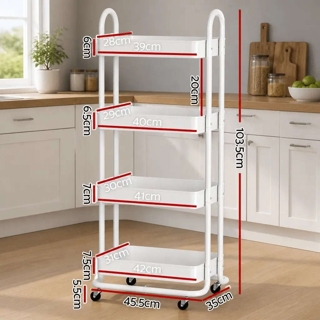 Storage Trolley White 4 Tier Steel Rolling Kitchen Cart Portable Lockable Home