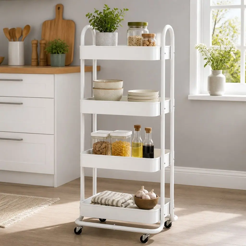 Storage Trolley White 4 Tier Steel Rolling Kitchen Cart Portable Lockable Home