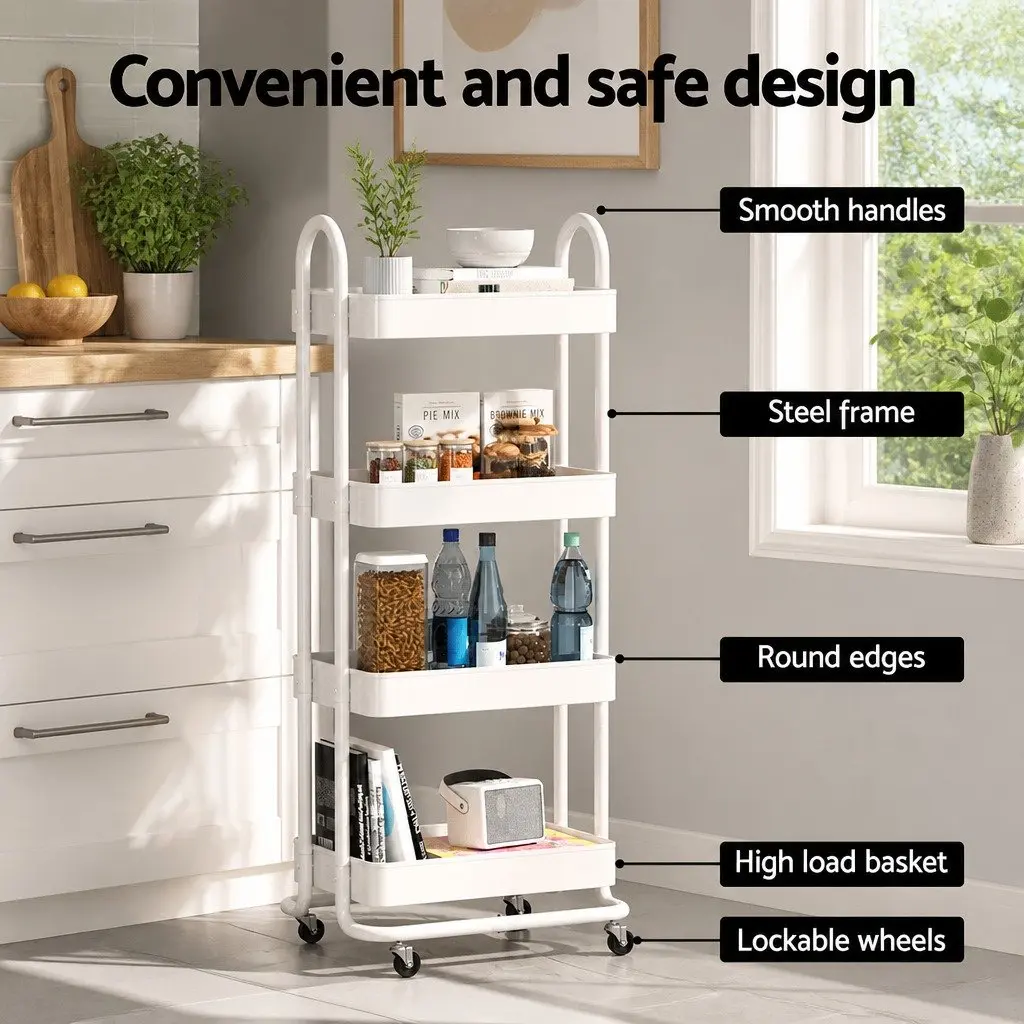 Storage Trolley White 4 Tier Steel Rolling Kitchen Cart Portable Lockable Home