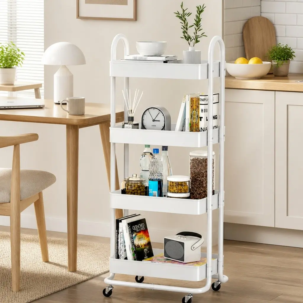 Storage Trolley White 4 Tier Steel Rolling Kitchen Cart Portable Lockable Home