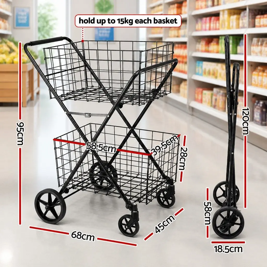 Foldable Shopping Trolley Cart Black Collapsible Metal and Steel 75cm x 95cm x 62.5cm