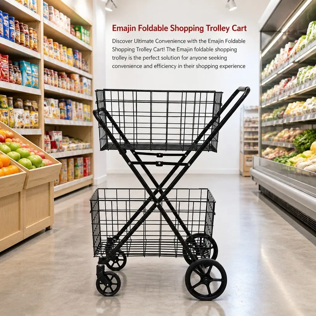Foldable Shopping Trolley Cart Black Collapsible Metal and Steel 75cm x 95cm x 62.5cm