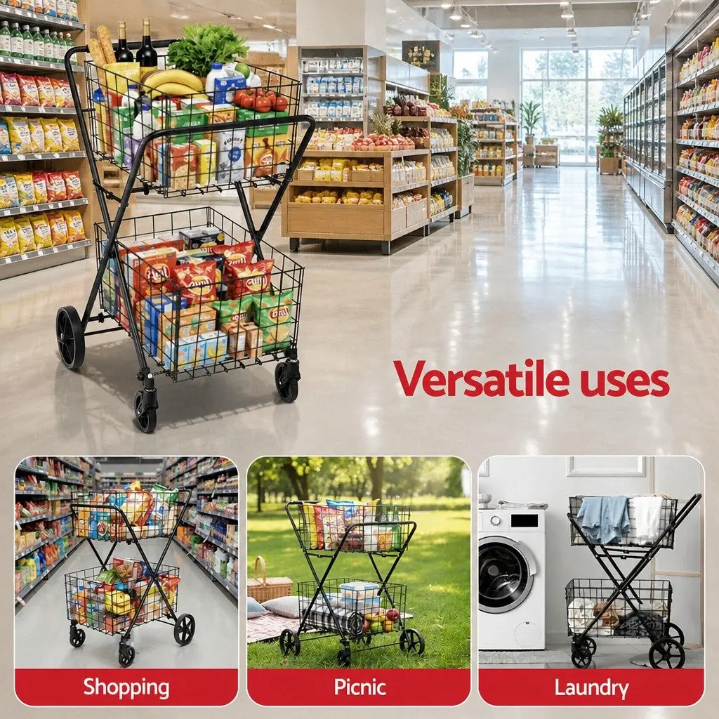 Foldable Shopping Trolley Cart Black Collapsible Metal and Steel 75cm x 95cm x 62.5cm