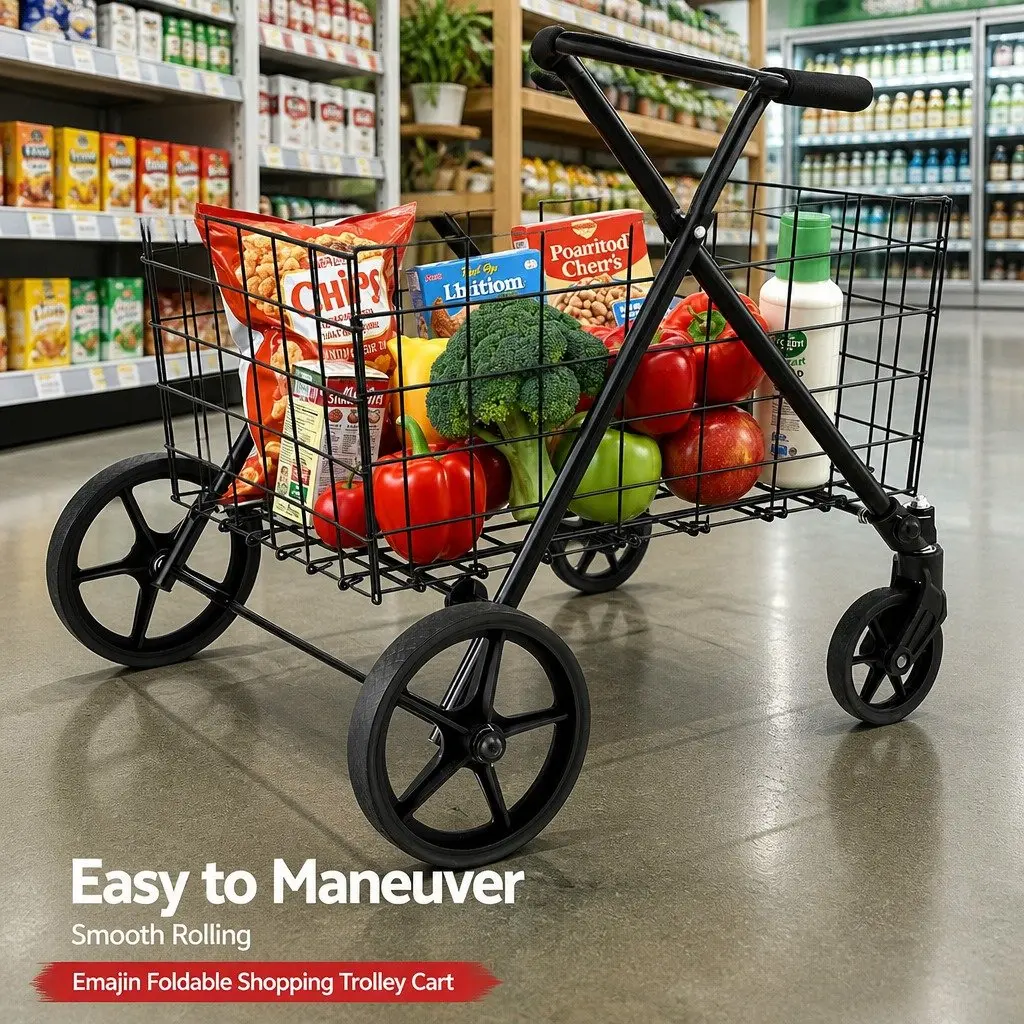 Foldable Shopping Trolley Cart Black Collapsible Metal and Steel 75cm x 95cm x 62.5cm