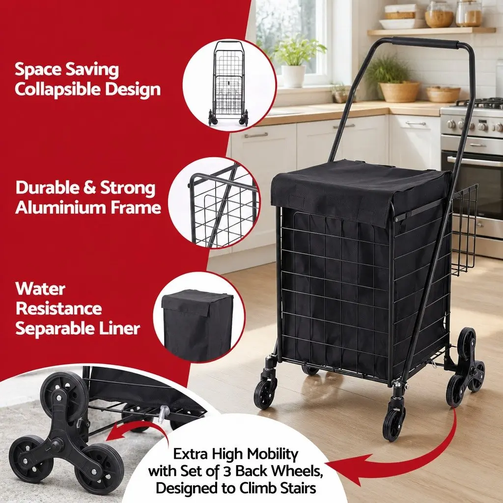 Shopping Trolley Cart Folding Utility Black Lightweight Compact Aluminium