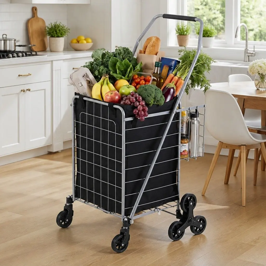Folding Shopping Trolley Aluminium Silver Utility Cart 54cm x 54cm x 99cm