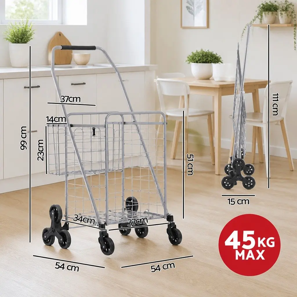 Folding Shopping Trolley Aluminium Silver Utility Cart 54cm x 54cm x 99cm