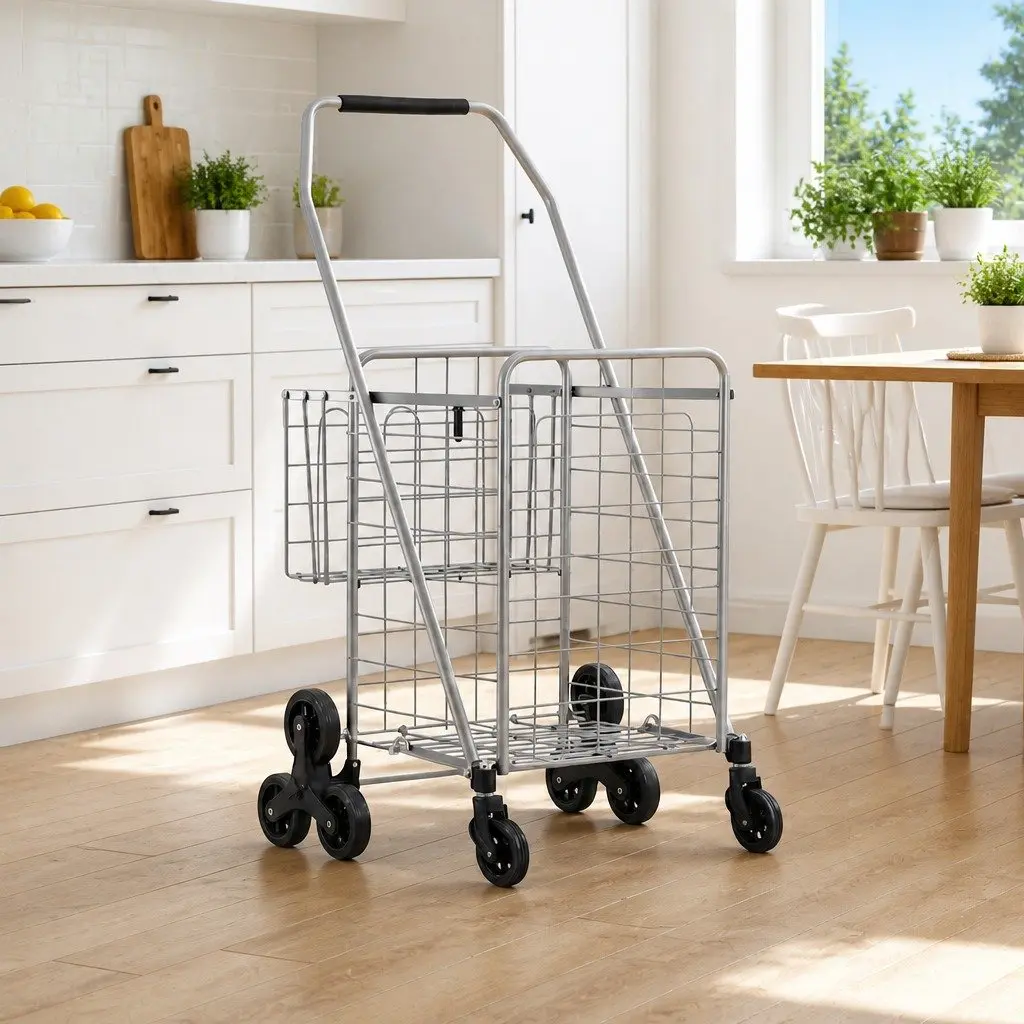Folding Shopping Trolley Aluminium Silver Utility Cart 54cm x 54cm x 99cm
