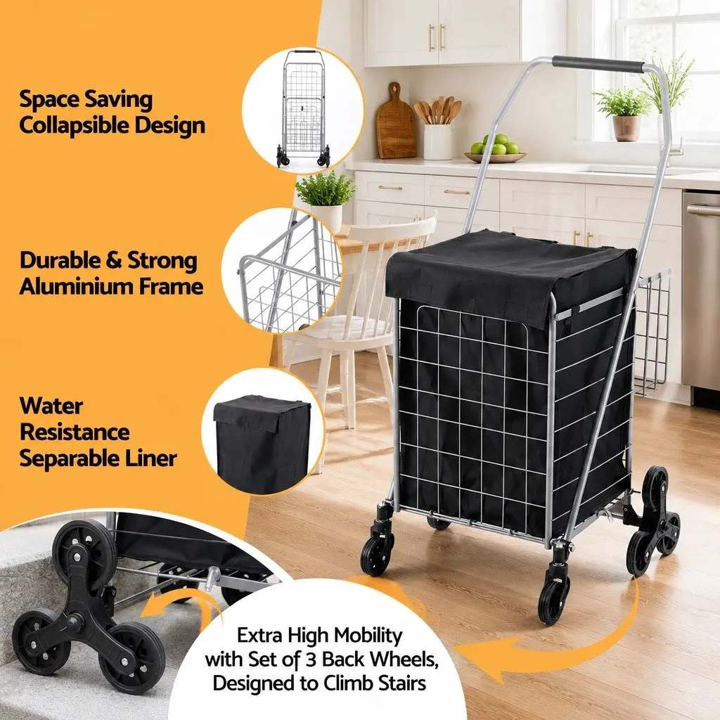 Folding Shopping Trolley Aluminium Silver Utility Cart 54cm x 54cm x 99cm