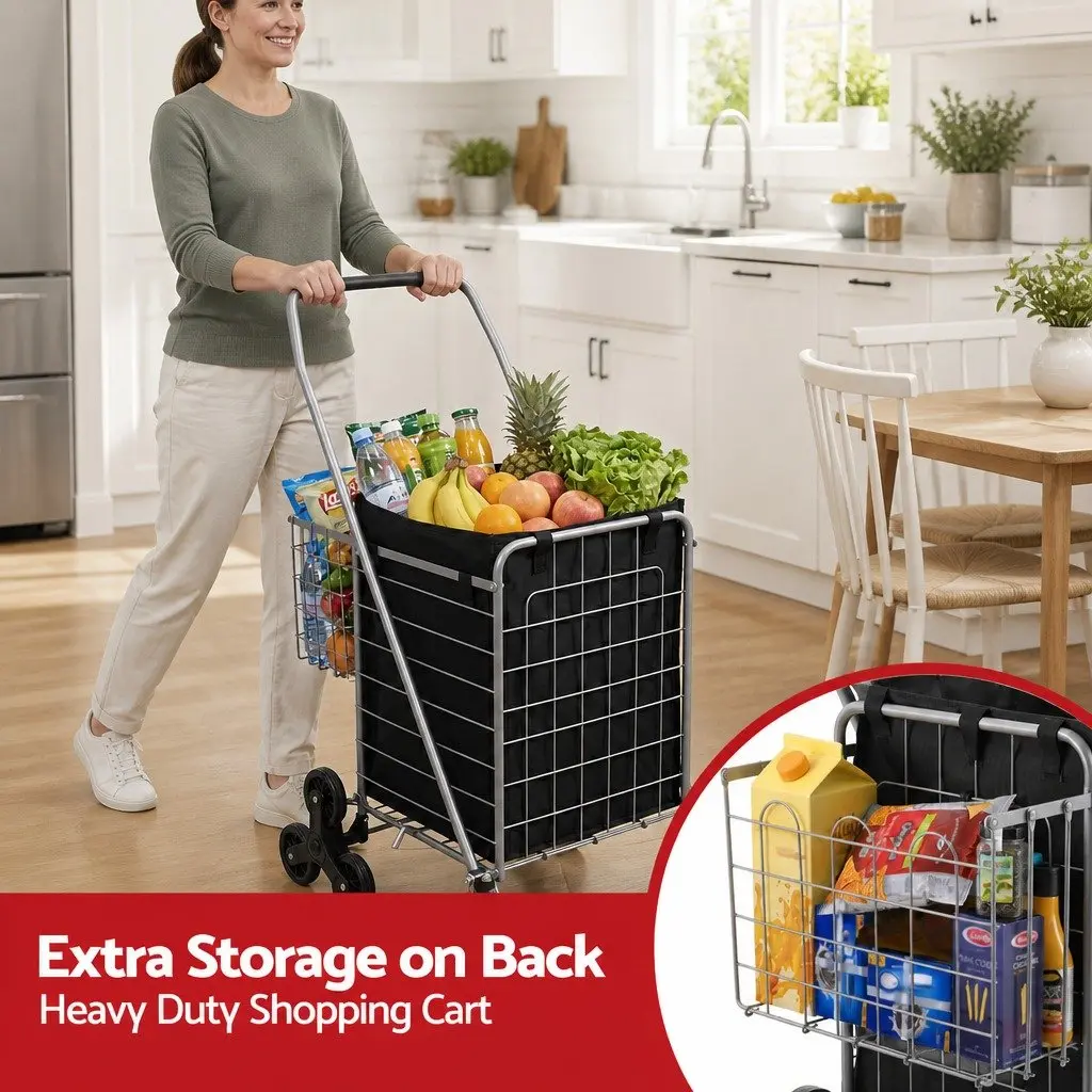 Folding Shopping Trolley Aluminium Silver Utility Cart 54cm x 54cm x 99cm