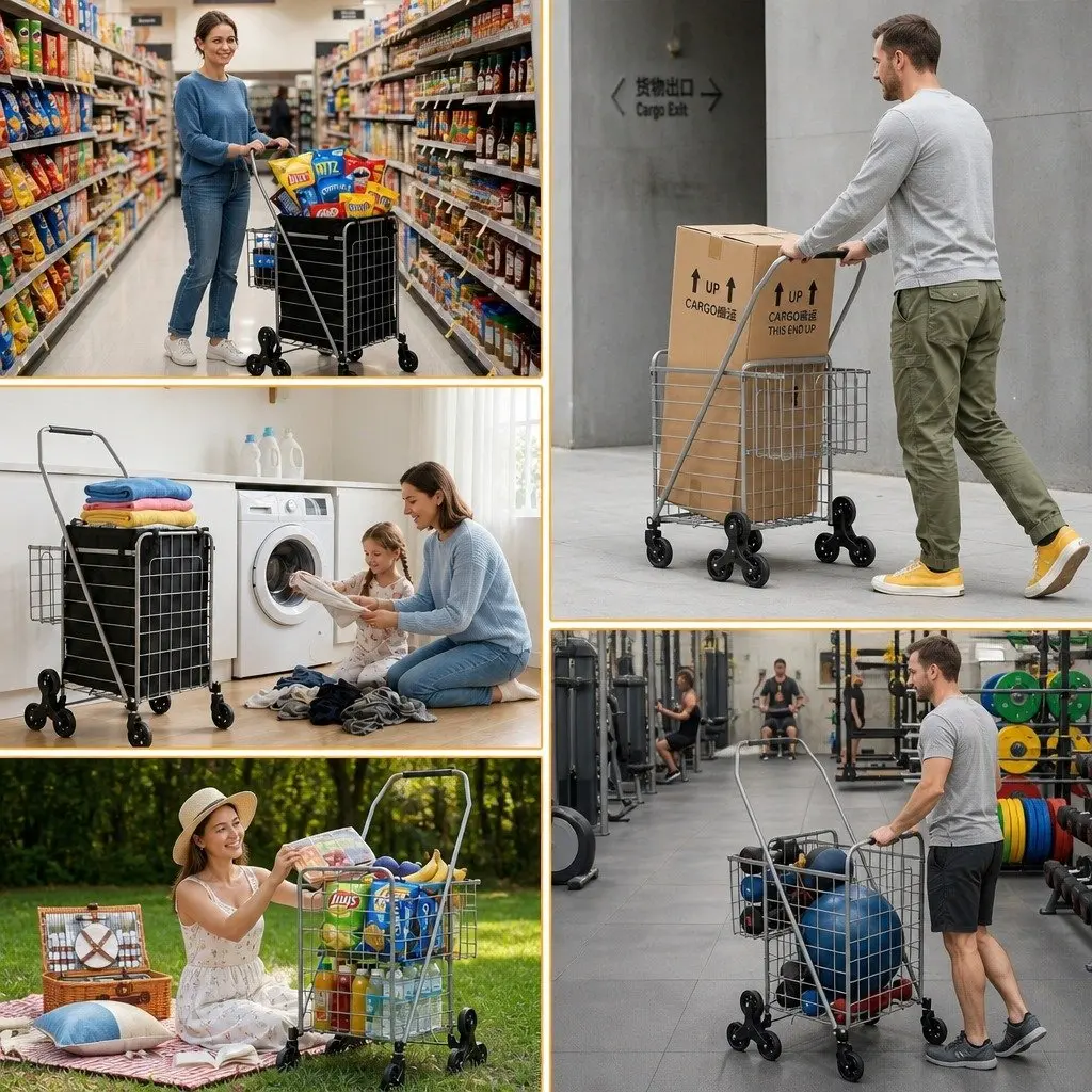 Folding Shopping Trolley Aluminium Silver Utility Cart 54cm x 54cm x 99cm
