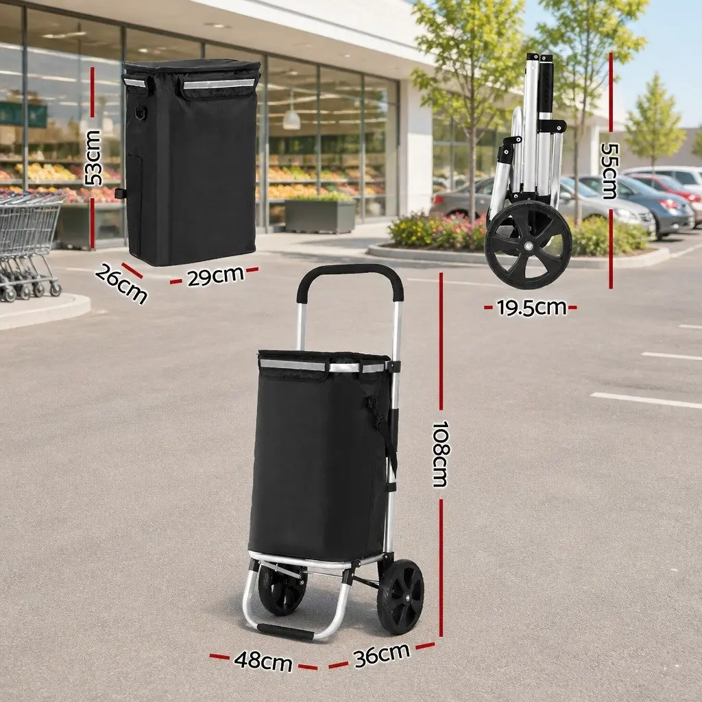 Shopping Trolley Cart Foldable Black Aluminium Frame Oxford Cloth 45kg Capacity