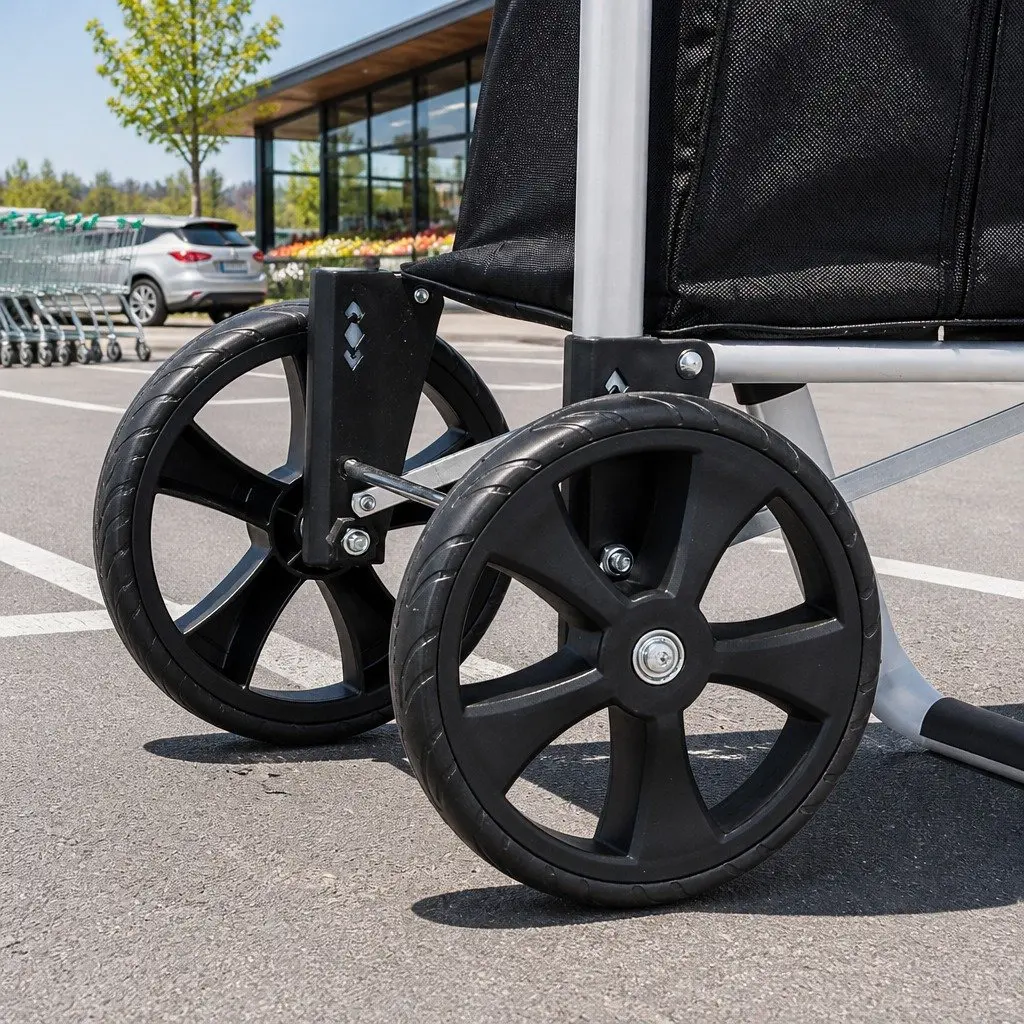 Shopping Trolley Cart Foldable Black Aluminium Frame Oxford Cloth 45kg Capacity