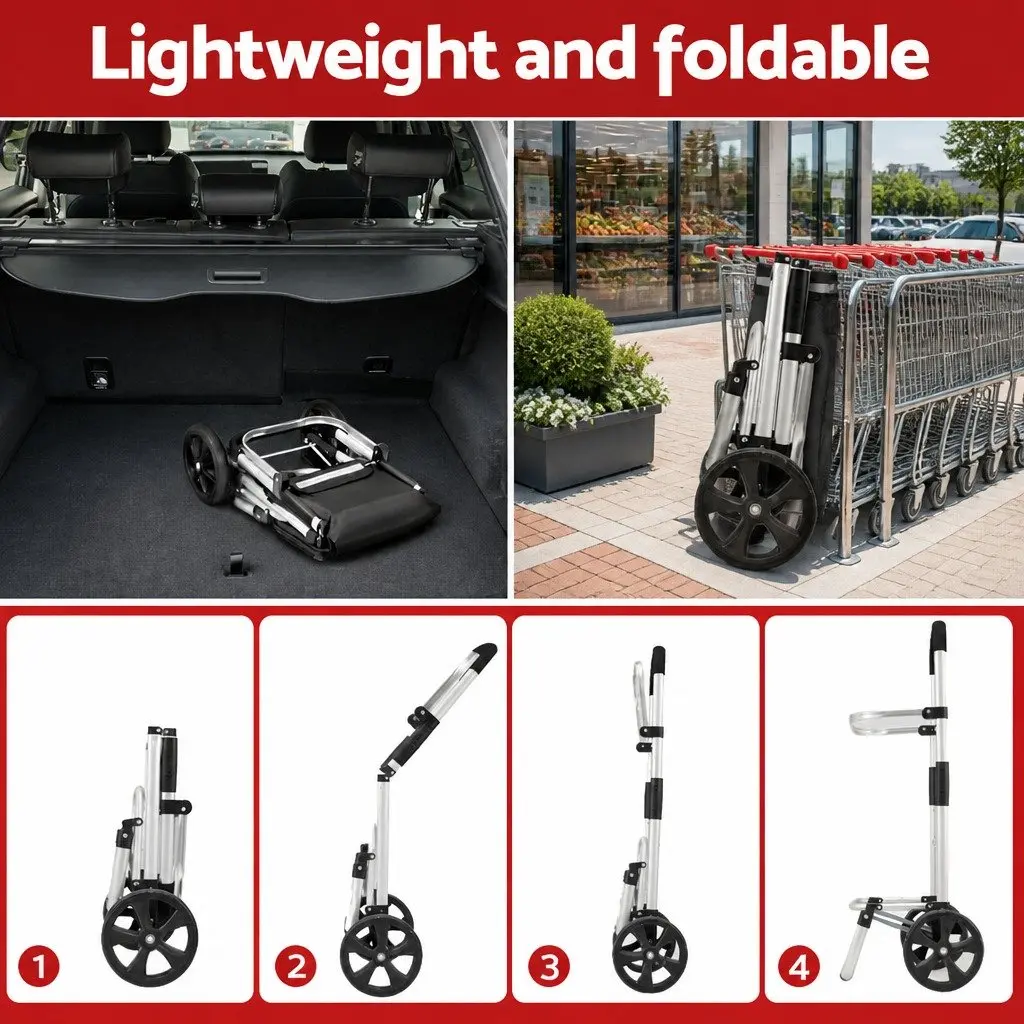 Shopping Trolley Cart Foldable Black Aluminium Frame Oxford Cloth 45kg Capacity