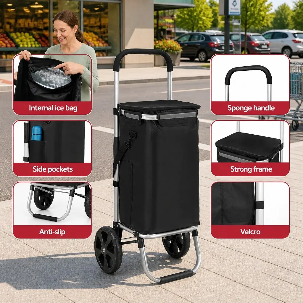 Shopping Trolley Cart Foldable Black Aluminium Frame Oxford Cloth 45kg Capacity