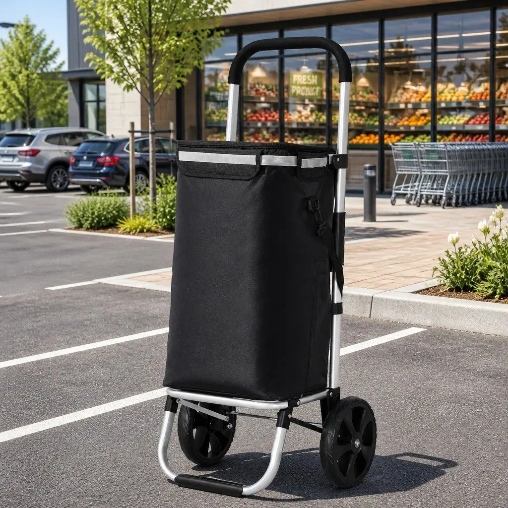 Shopping Trolley Cart Foldable Black Aluminium Frame Oxford Cloth 45kg Capacity
