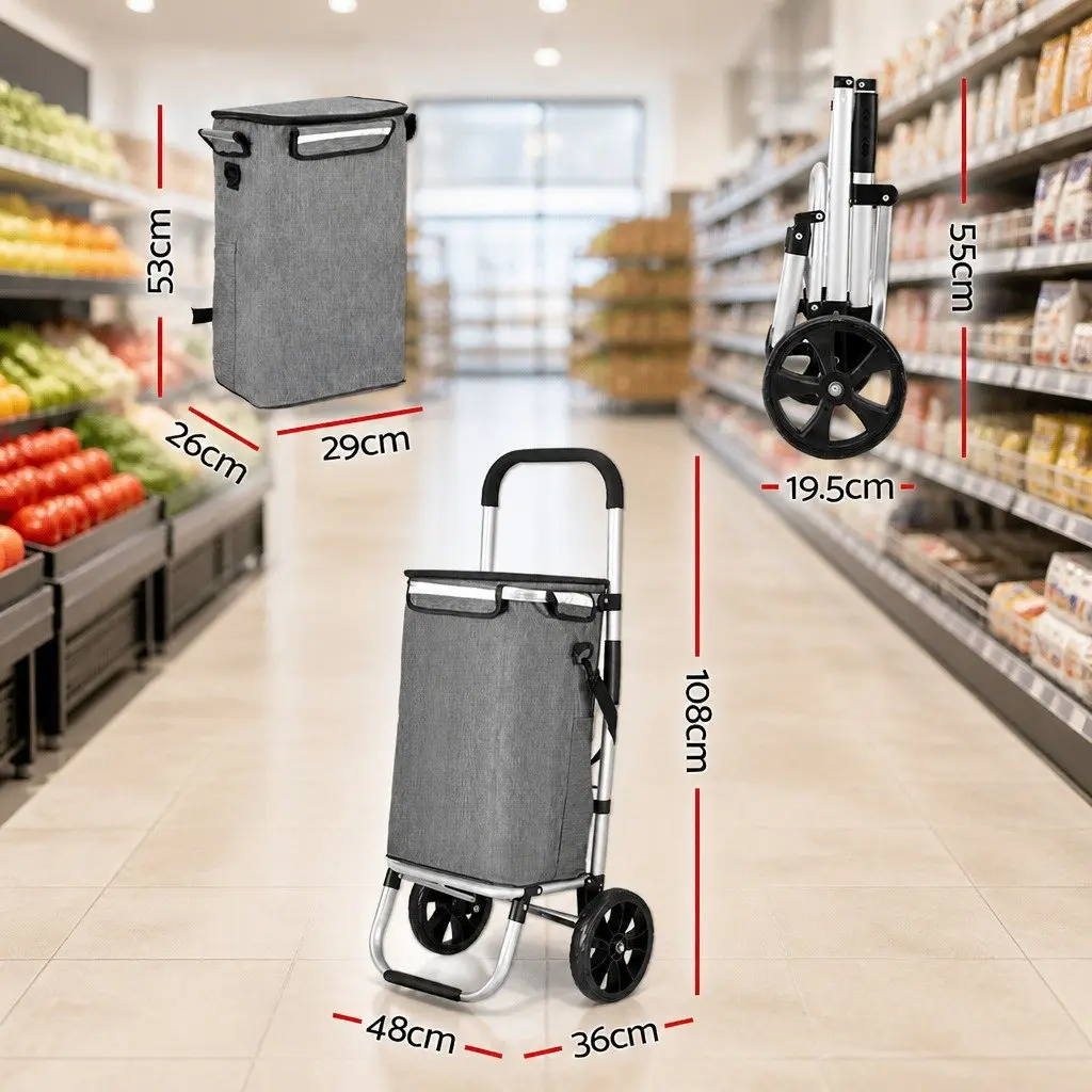 Shopping Trolley Cart Foldable Lightweight Grey Aluminium Frame Oxford Cloth 45KG Capacity