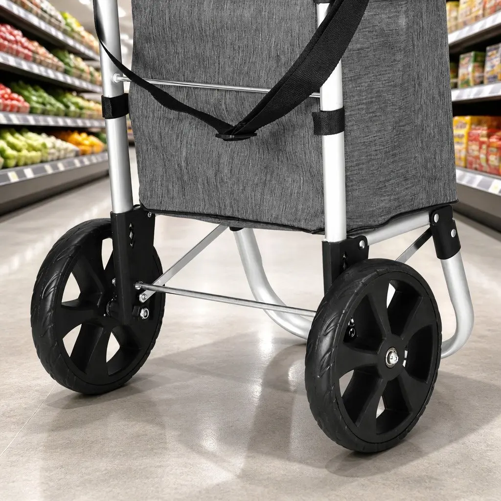 Shopping Trolley Cart Foldable Lightweight Grey Aluminium Frame Oxford Cloth 45KG Capacity
