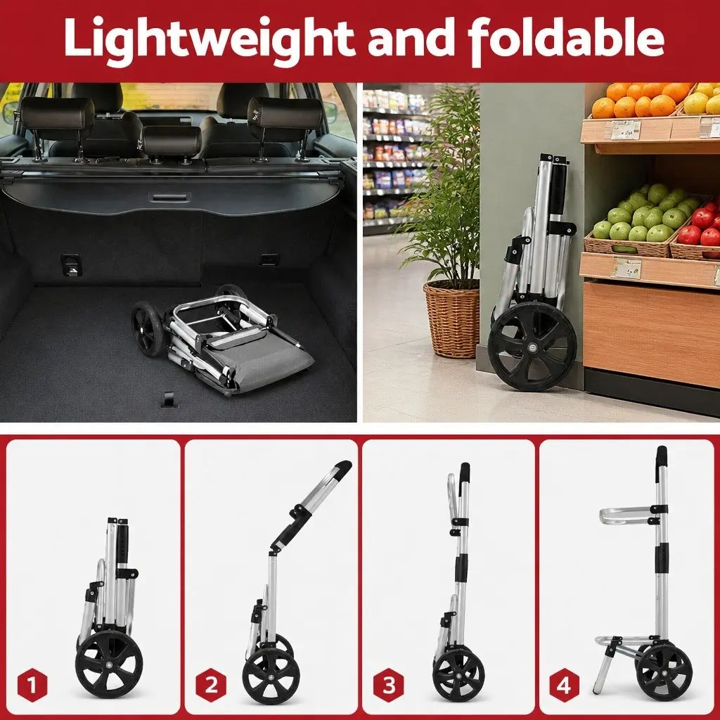 Shopping Trolley Cart Foldable Lightweight Grey Aluminium Frame Oxford Cloth 45KG Capacity