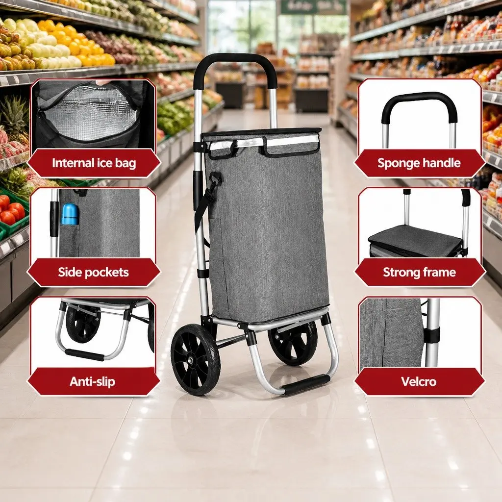 Shopping Trolley Cart Foldable Lightweight Grey Aluminium Frame Oxford Cloth 45KG Capacity