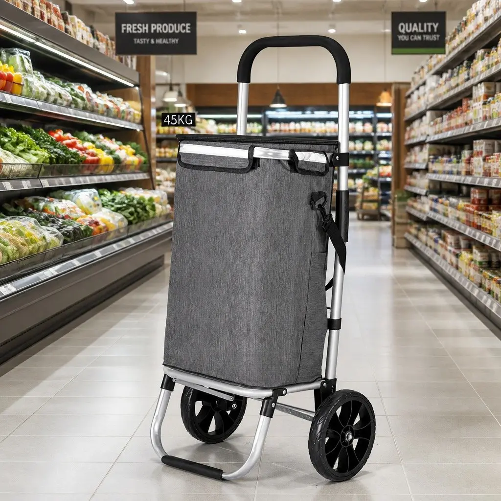 Shopping Trolley Cart Foldable Lightweight Grey Aluminium Frame Oxford Cloth 45KG Capacity