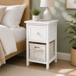 Charming White Bedside Table with Wicker Storage x2