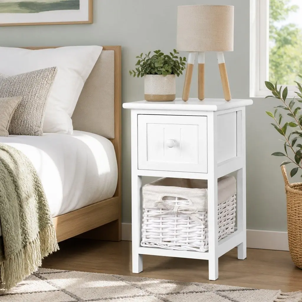 White Bedside Table Rustic Cottage Style 25cm W x 30cm D x 45cm H Paulownia Wood with Wicker Basket and 1 Drawer Storage x2