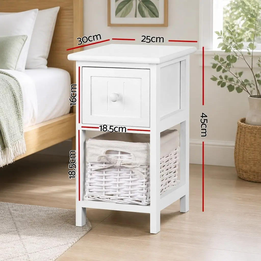 White Bedside Table Rustic Cottage Style 25cm W x 30cm D x 45cm H Paulownia Wood with Wicker Basket and 1 Drawer Storage x2