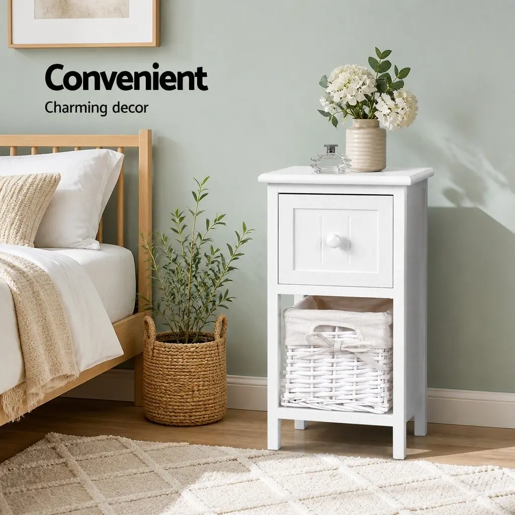 White Bedside Table Rustic Cottage Style 25cm W x 30cm D x 45cm H Paulownia Wood with Wicker Basket and 1 Drawer Storage x2