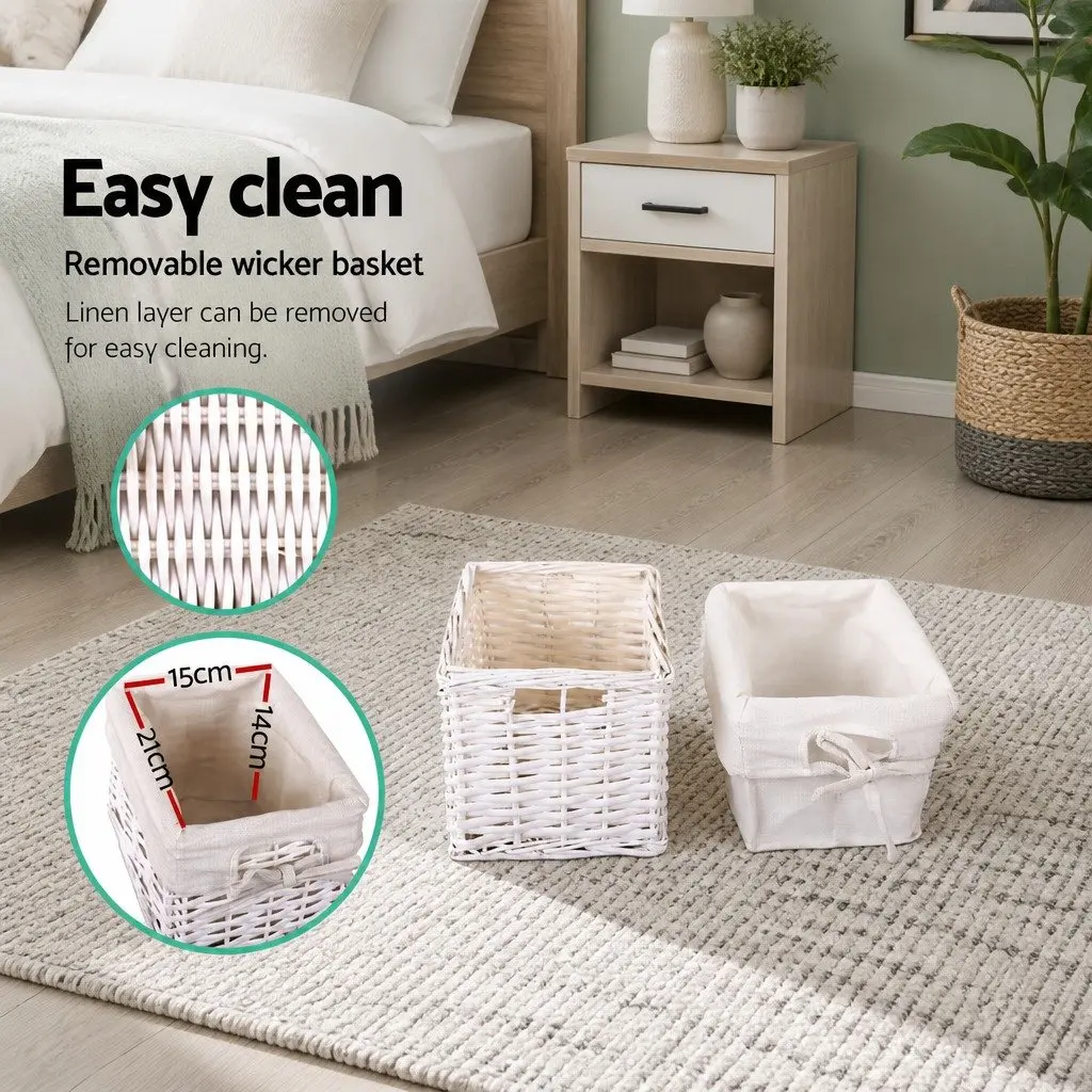 White Bedside Table Rustic Cottage Style 25cm W x 30cm D x 45cm H Paulownia Wood with Wicker Basket and 1 Drawer Storage x2
