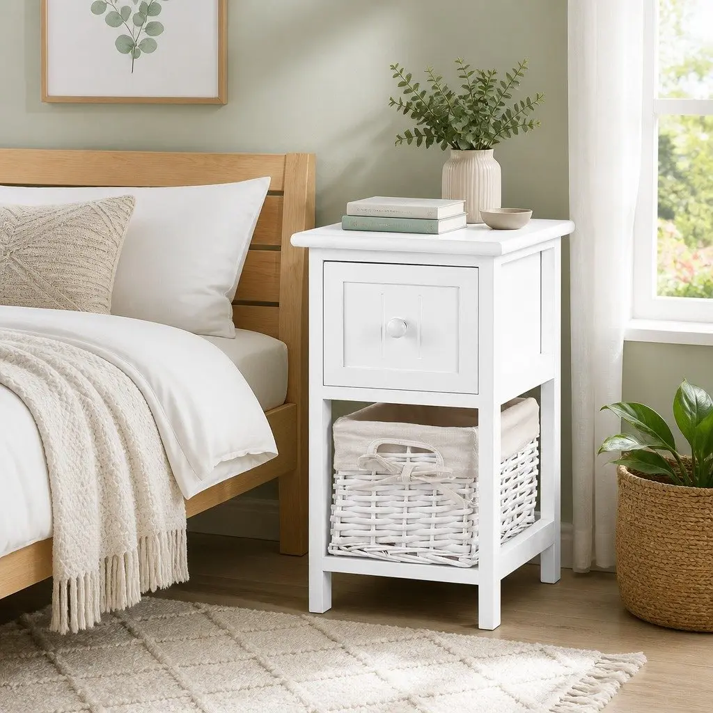 White Bedside Table Rustic Cottage Style 25cm W x 30cm D x 45cm H Paulownia Wood with Wicker Basket and 1 Drawer Storage x2