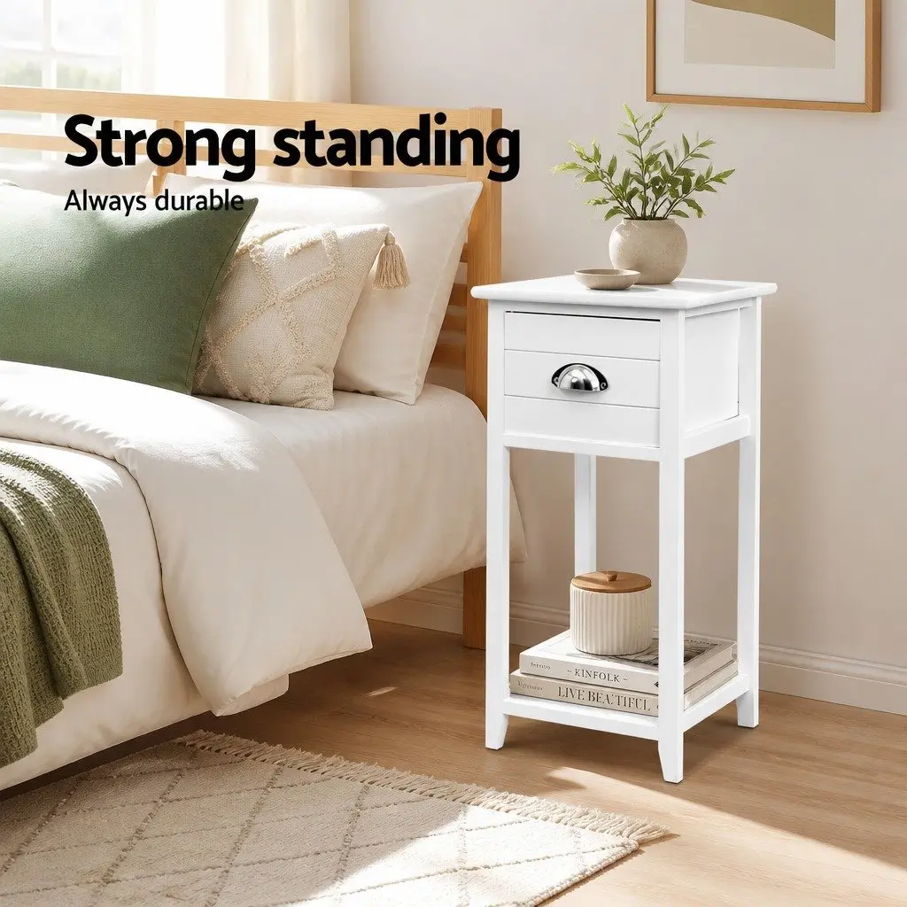 Bedside Table White Vintage Design Drawer Storage Compact Bedroom Furniture