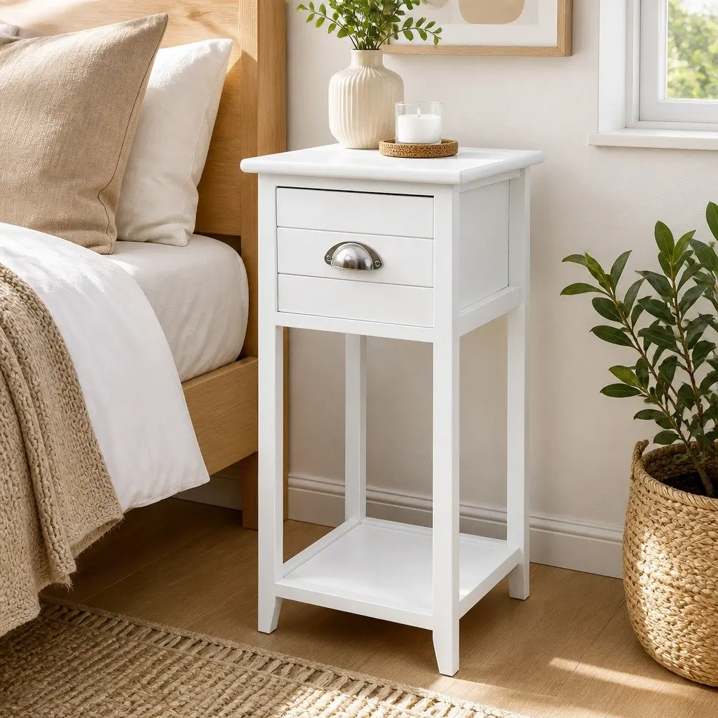 Bedside Table White Vintage Design Drawer Storage Compact Bedroom Furniture
