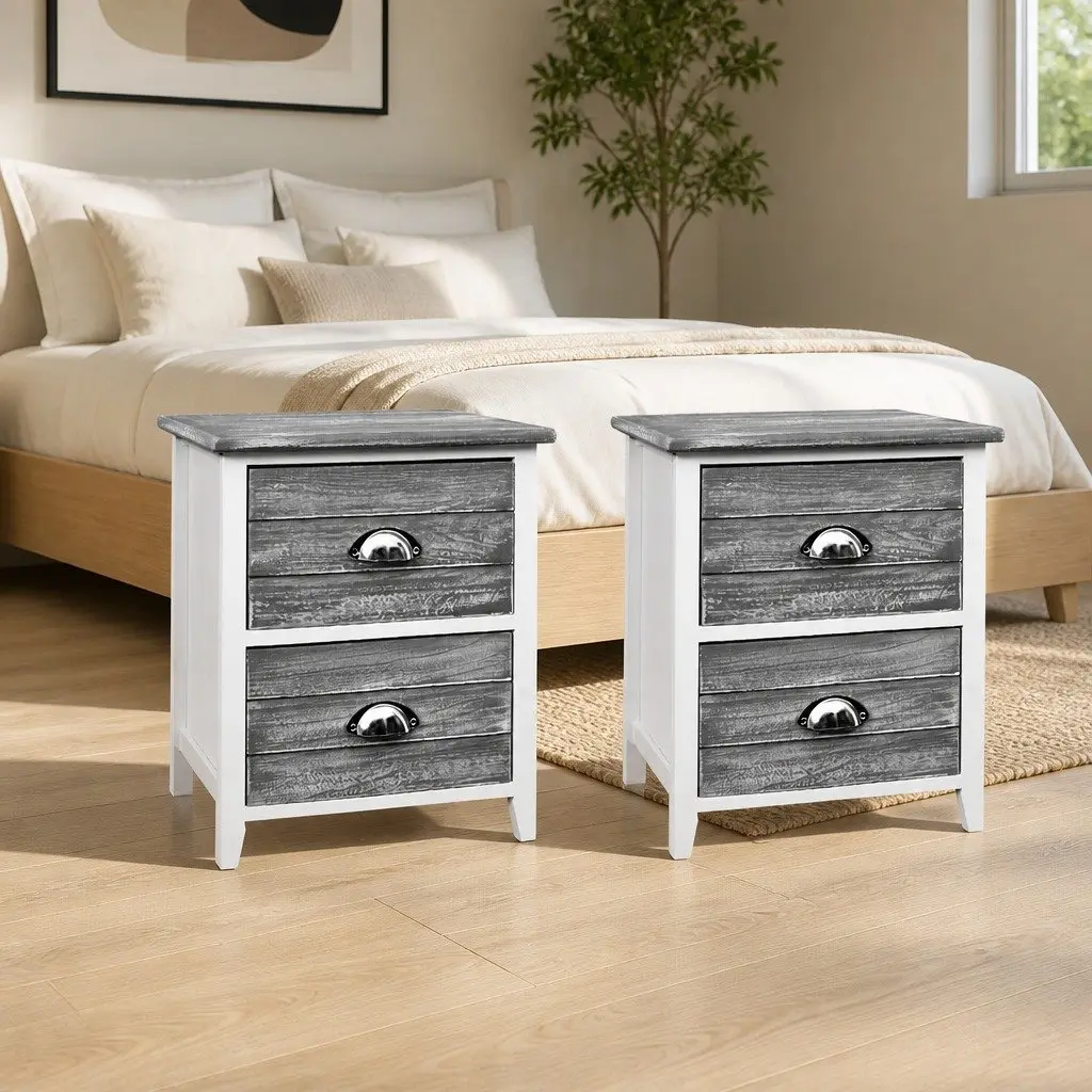 Bedside Table 2 Drawers Grey Vintage Nightstand Storage Bedroom Furniture
