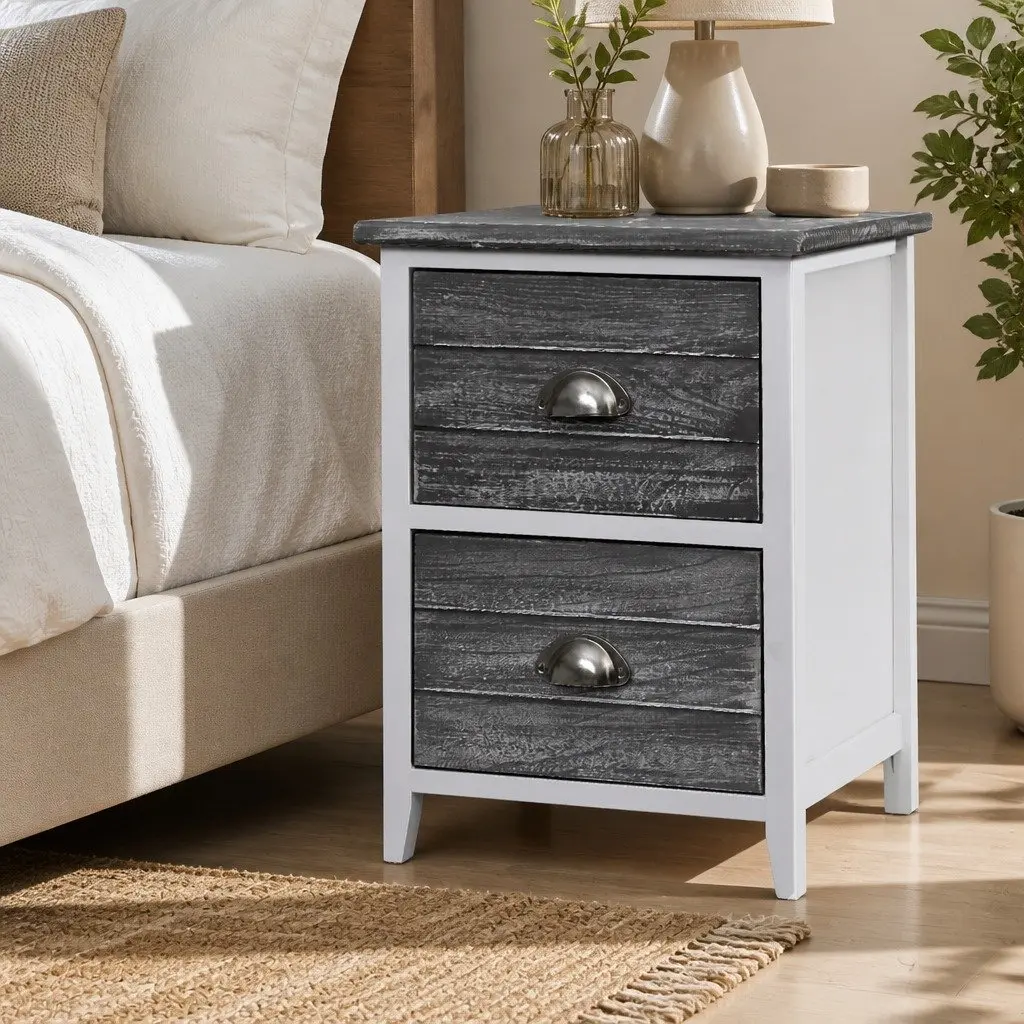 Bedside Table Vintage Grey 2 Drawers Paulownia Wood MDF