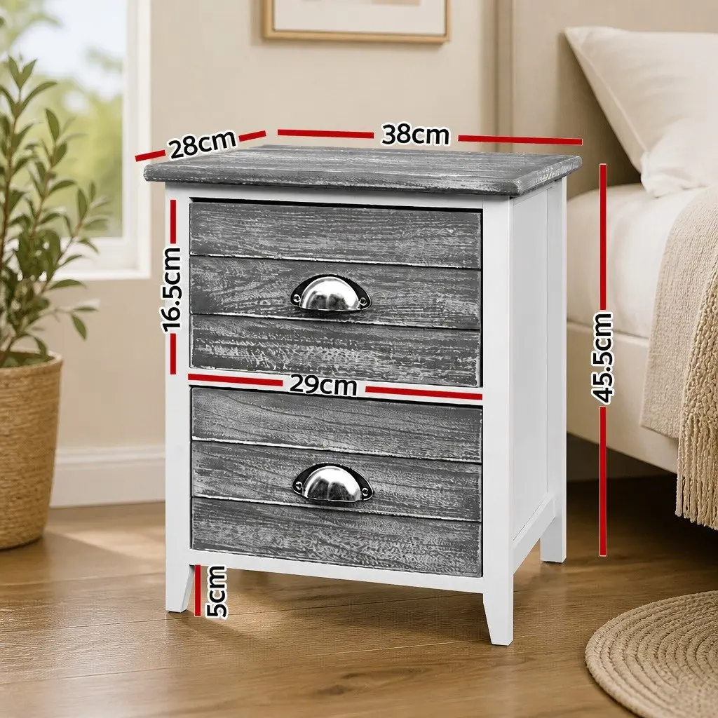 Bedside Table Vintage Grey 2 Drawers Paulownia Wood MDF