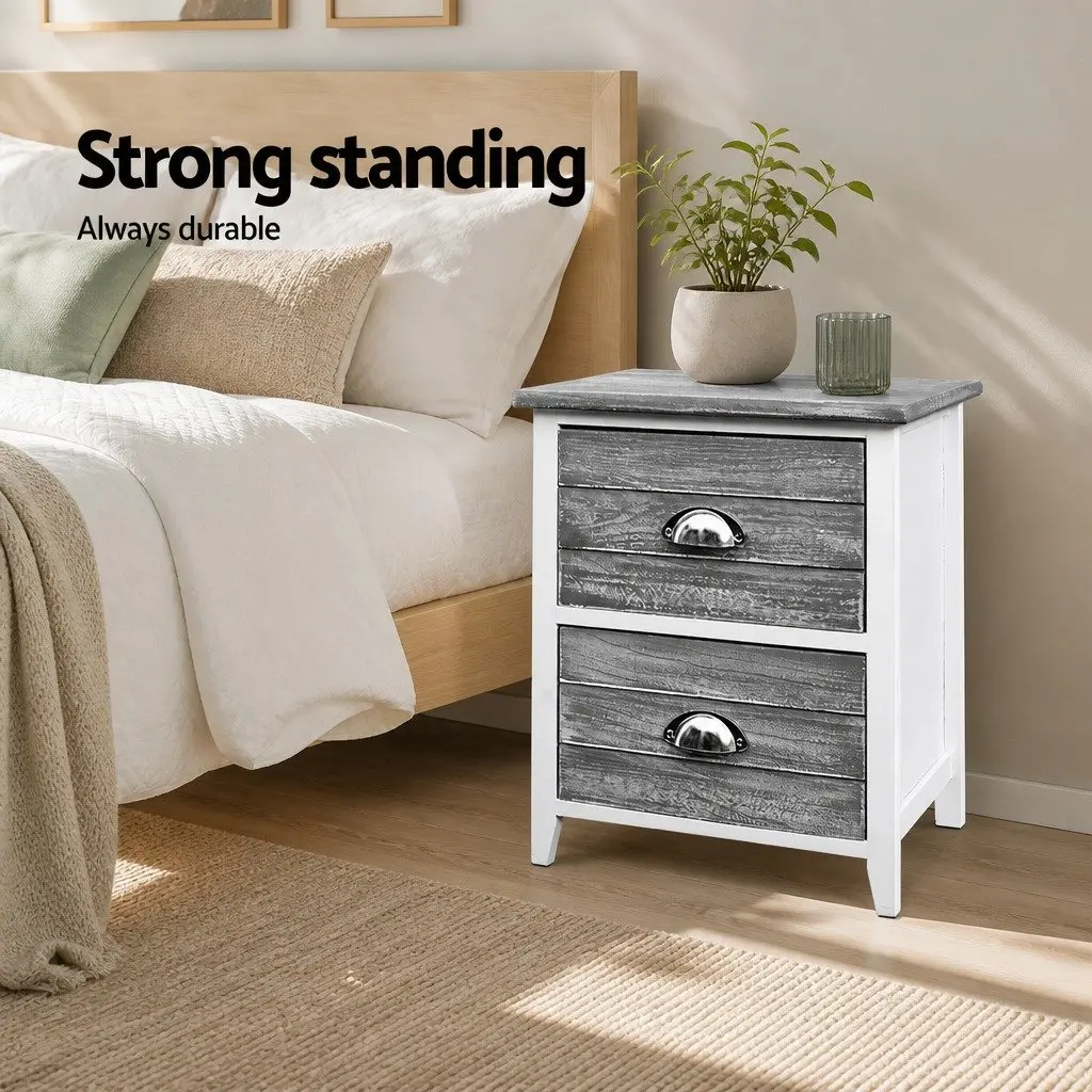 Bedside Table Vintage Grey 2 Drawers Paulownia Wood MDF