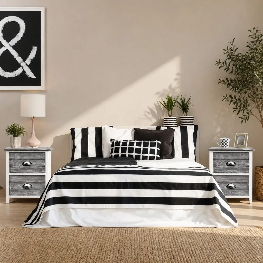 Bedside Table Vintage Grey 2 Drawers Paulownia Wood MDF
