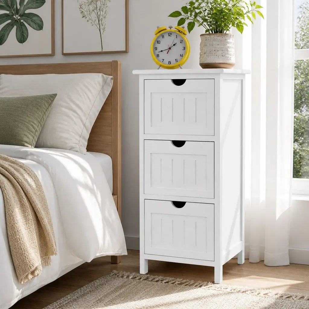 Bedside Table Storage Cabinet White 3 Drawers Paulownia Wood