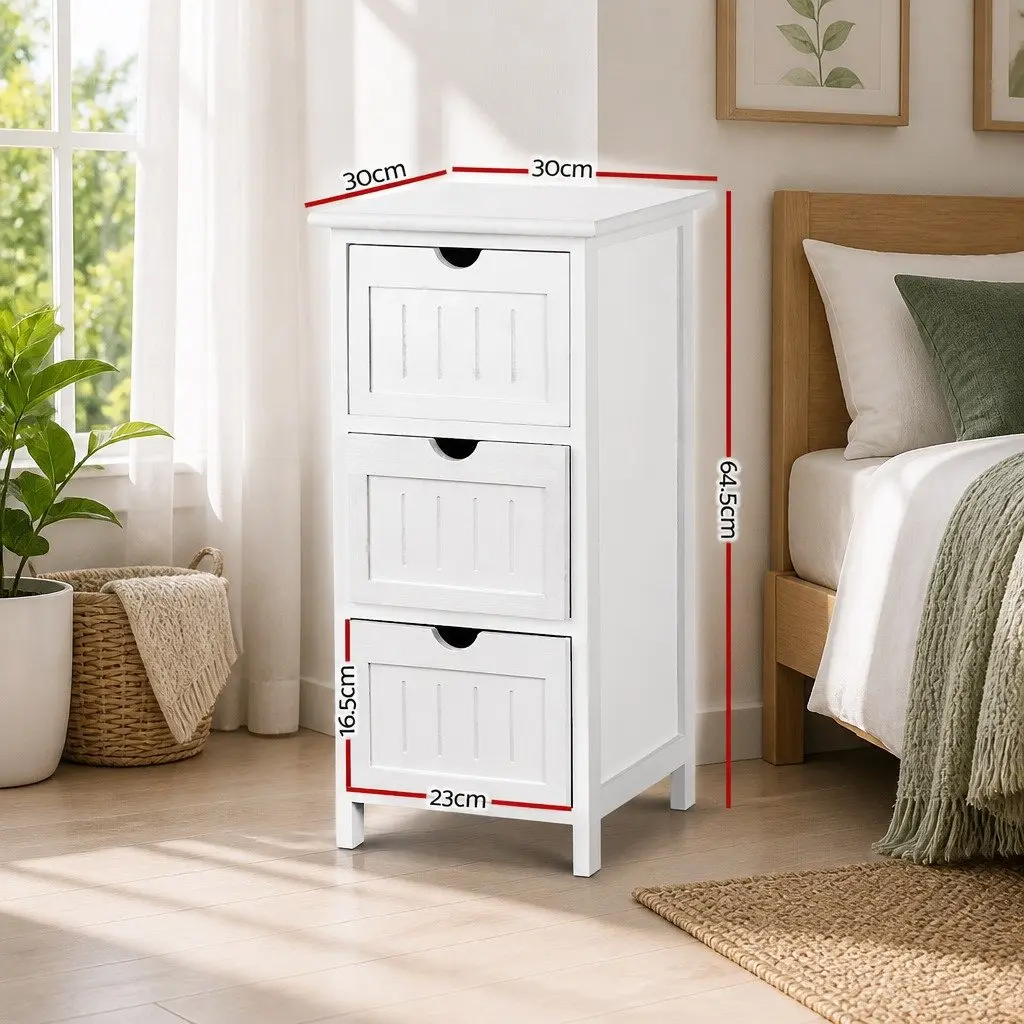 Bedside Table Storage Cabinet White 3 Drawers Paulownia Wood