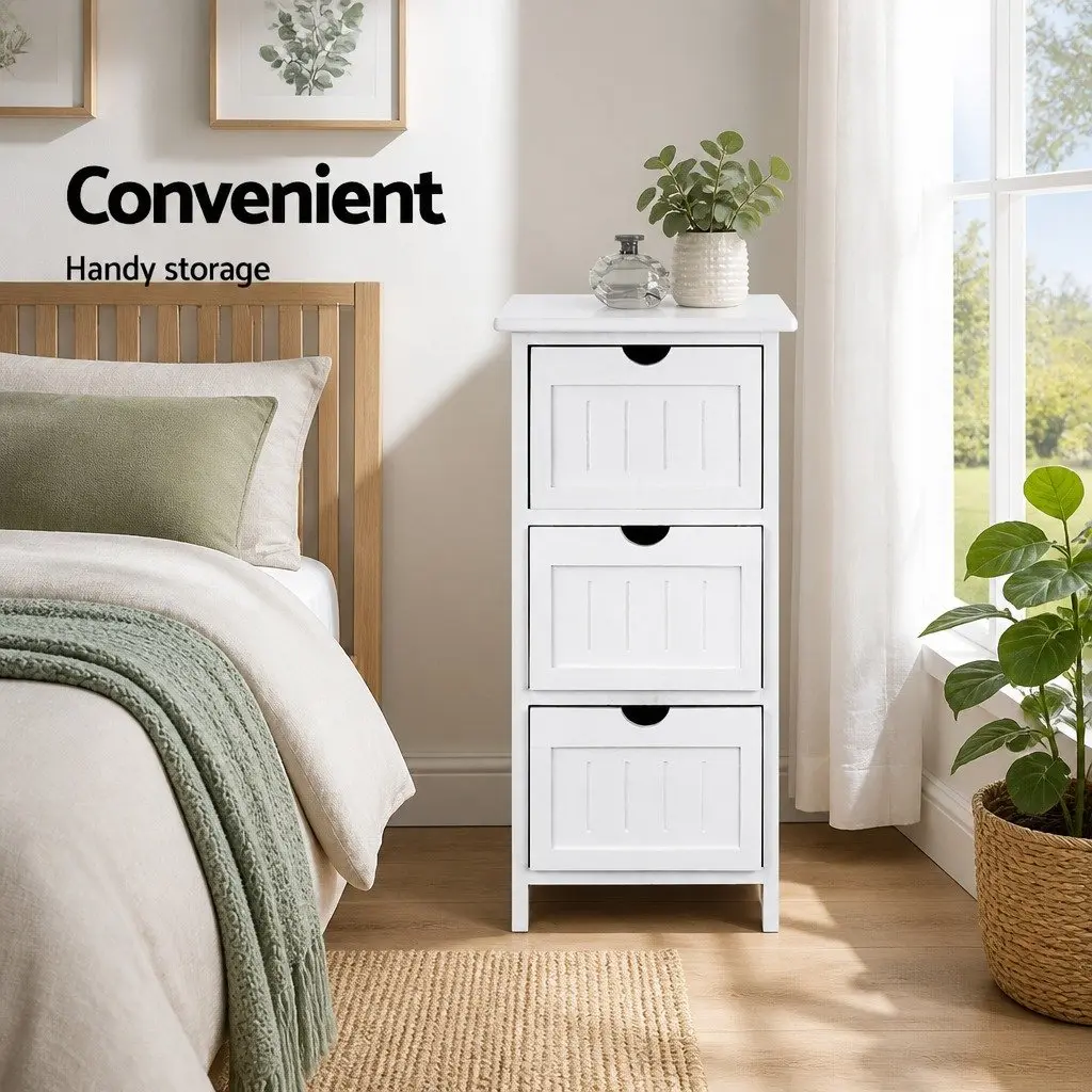 Bedside Table Storage Cabinet White 3 Drawers Paulownia Wood
