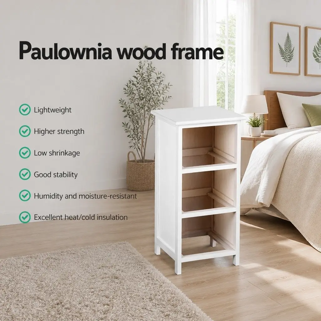 Bedside Table Storage Cabinet White 3 Drawers Paulownia Wood